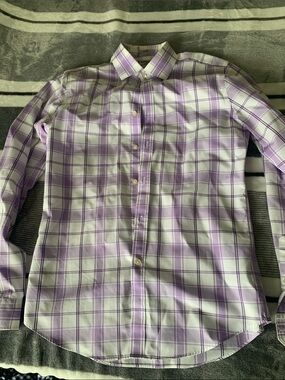 Express Men's Lavender and White Plaid Dress Shirt
